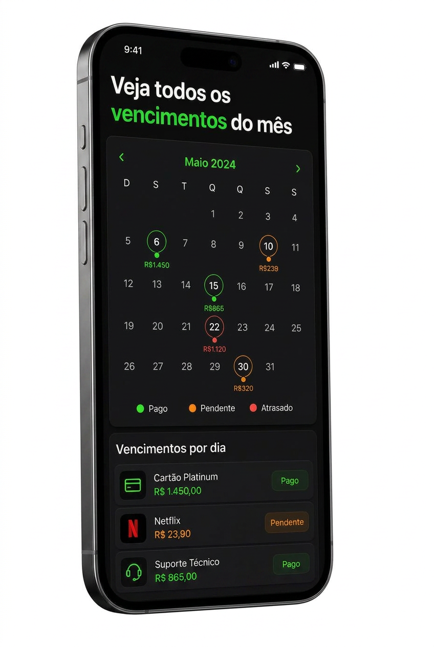 Calendário financeiro com vencimentos do mês