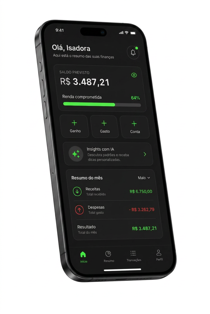 Painel financeiro Poupe Hoje mostrando saldo previsto, insights com IA e resumo do mês