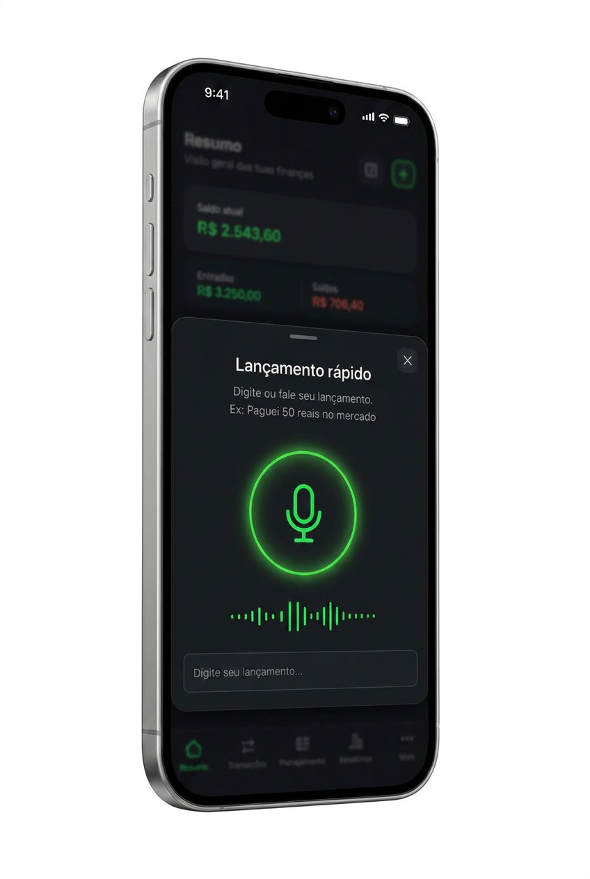 Modal de lançamento rápido com microfone e transcrição por voz